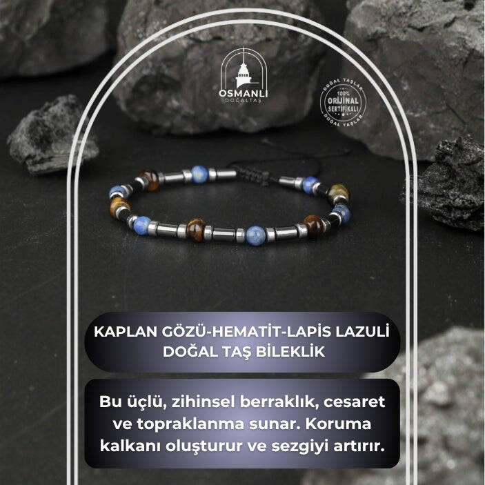 Kaplan Gözü-Hematit-Lapis Lazuli Doğal Taş Bileklik - 2