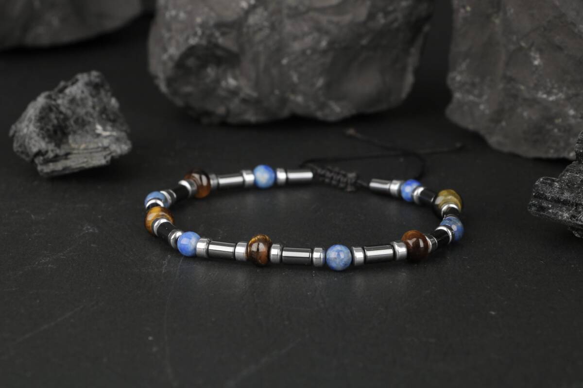 Kaplan Gözü-Hematit-Lapis Lazuli Doğal Taş Bileklik - 5