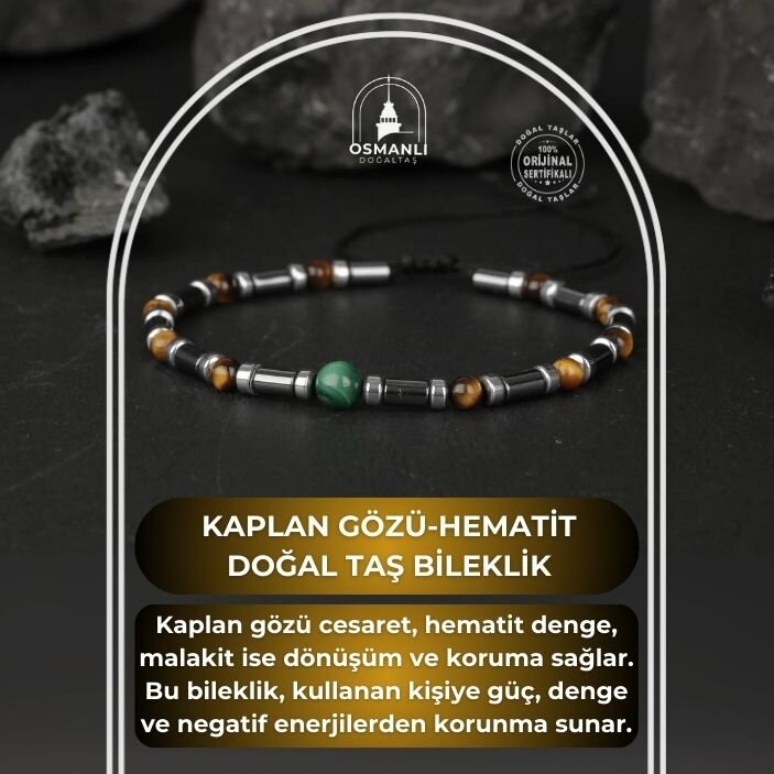 Kaplan Gözü-Hematit-Malakit Doğal Taş Bileklik - 2