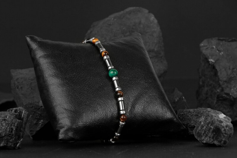 Kaplan Gözü-Hematit-Malakit Doğal Taş Bileklik - 4