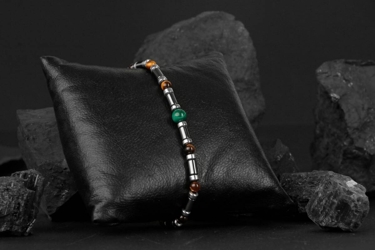 Kaplan Gözü-Hematit-Malakit Doğal Taş Bileklik - 4