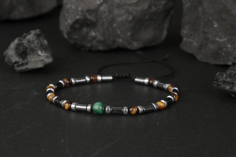 Kaplan Gözü-Hematit-Malakit Doğal Taş Bileklik - 6