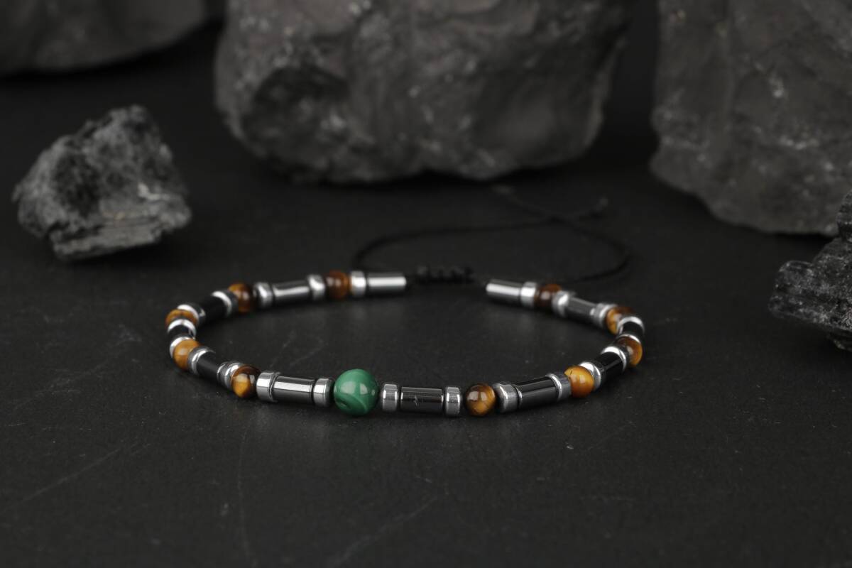 Kaplan Gözü-Hematit-Malakit Doğal Taş Bileklik - 6