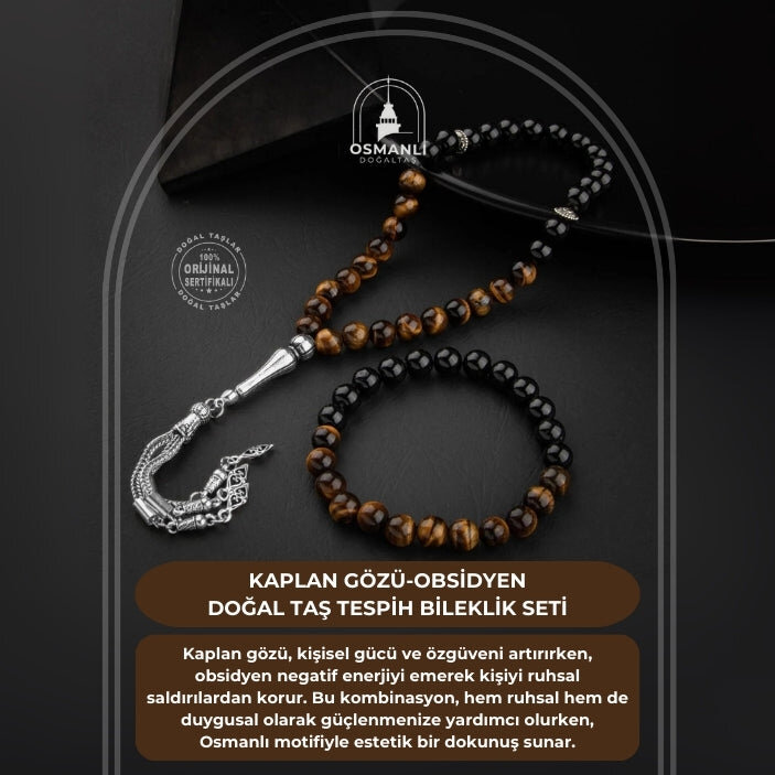 Kaplan Gözü-Obsidyen Doğal Taş Tesbih Bileklik Seti - 2