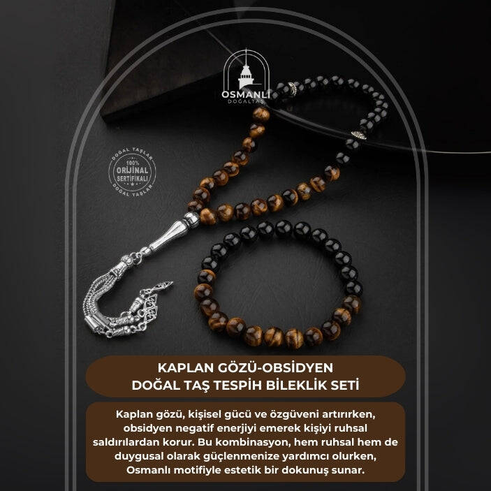 Kaplan Gözü-Obsidyen Doğal Taş Tesbih Bileklik Seti - 2