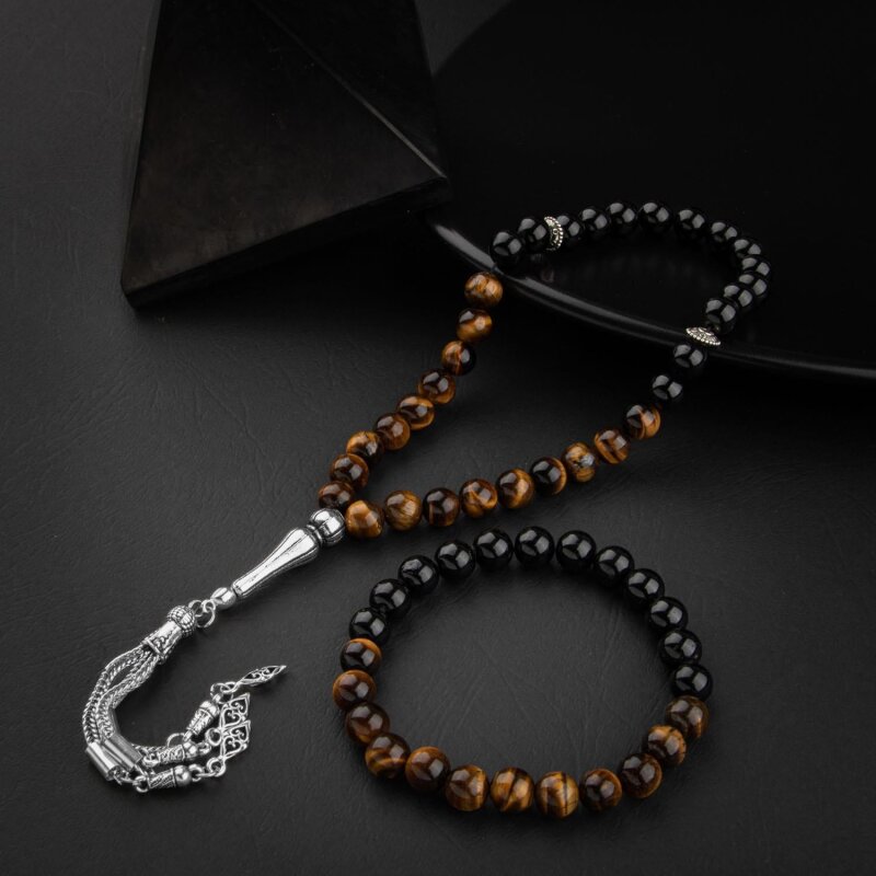 Kaplan Gözü-Obsidyen Doğal Taş Tesbih Bileklik Seti - 3