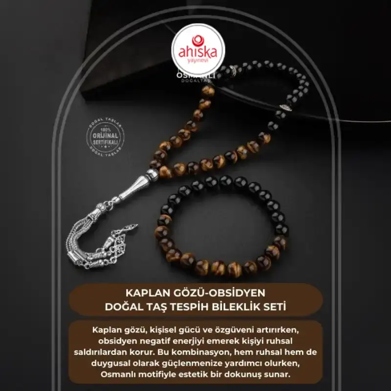 Kaplan Gözü-Obsidyen Doğal Taş Tesbih Bileklik Seti - 2