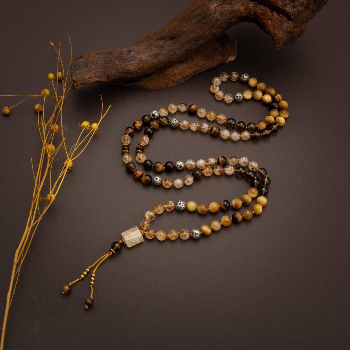 Kaplan Gözü-Sitrin-Lav Taşı Doğal Taş 108 Niyet Taşı Mala Kolyesi - 1