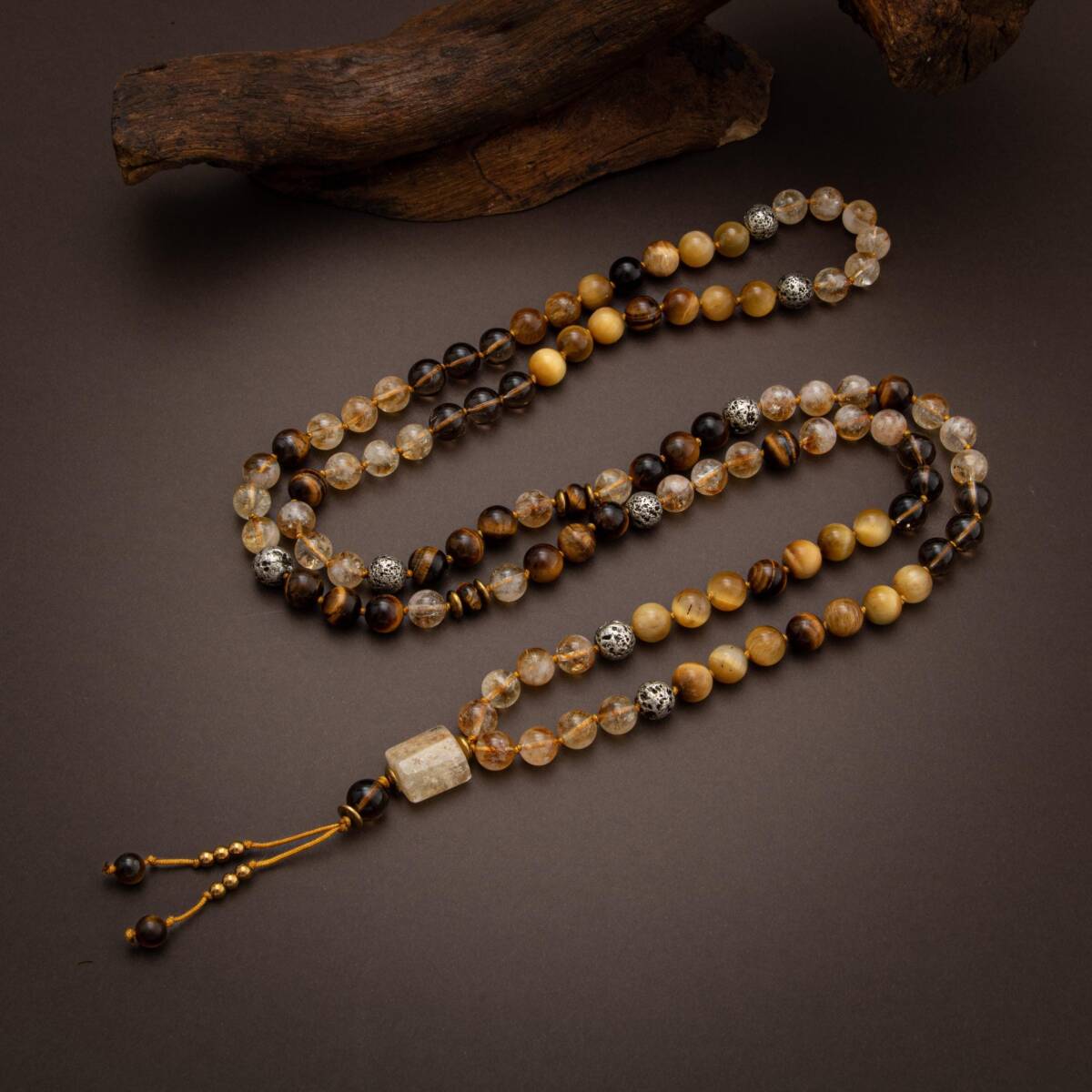 Kaplan Gözü-Sitrin-Lav Taşı Doğal Taş 108 Niyet Taşı Mala Kolyesi - 3