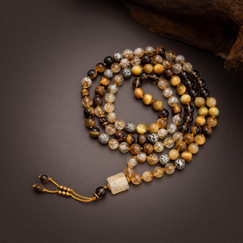 Kaplan Gözü-Sitrin-Lav Taşı Doğal Taş 108 Niyet Taşı Mala Kolyesi - 4