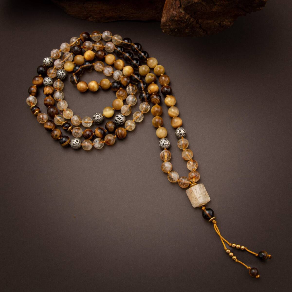 Kaplan Gözü-Sitrin-Lav Taşı Doğal Taş 108 Niyet Taşı Mala Kolyesi - 5