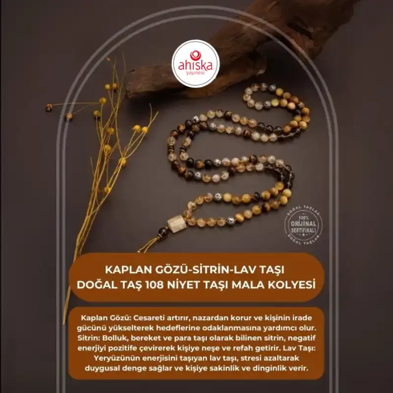 Kaplan Gözü-Sitrin-Lav Taşı Doğal Taş 108 Niyet Taşı Mala Kolyesi - 2