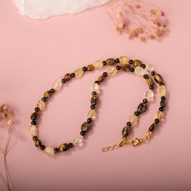 Kaplan Gözü-Sitrin-Obsidyen Doğal Taş Kolye - 5