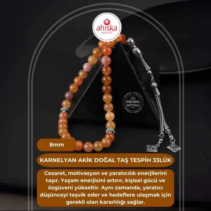 Karnelyan Akik Doğal Taş Tesbih 33lük - 8mm - 2