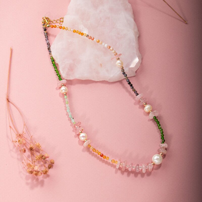 Karnelyan Akik-İyolit-Pembe Opal-İnci-Pembe Kuvars-Hematit-Diopsit-Prehnit Doğal Taş Kolye - Doğal Taş