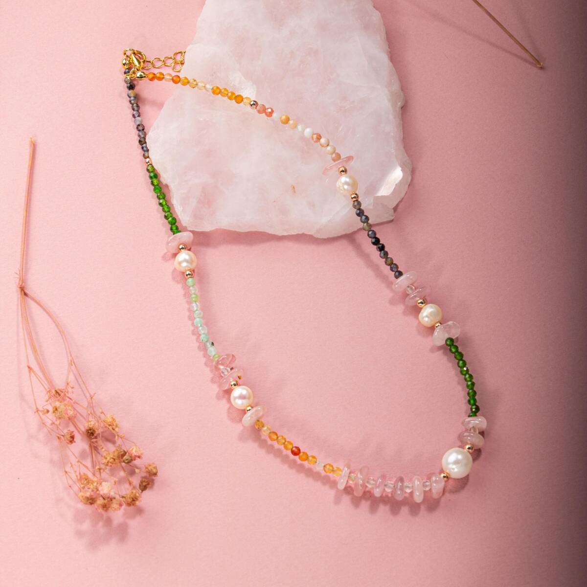 Karnelyan Akik-İyolit-Pembe Opal-İnci-Pembe Kuvars-Hematit-Diopsit-Prehnit Doğal Taş Kolye - 1