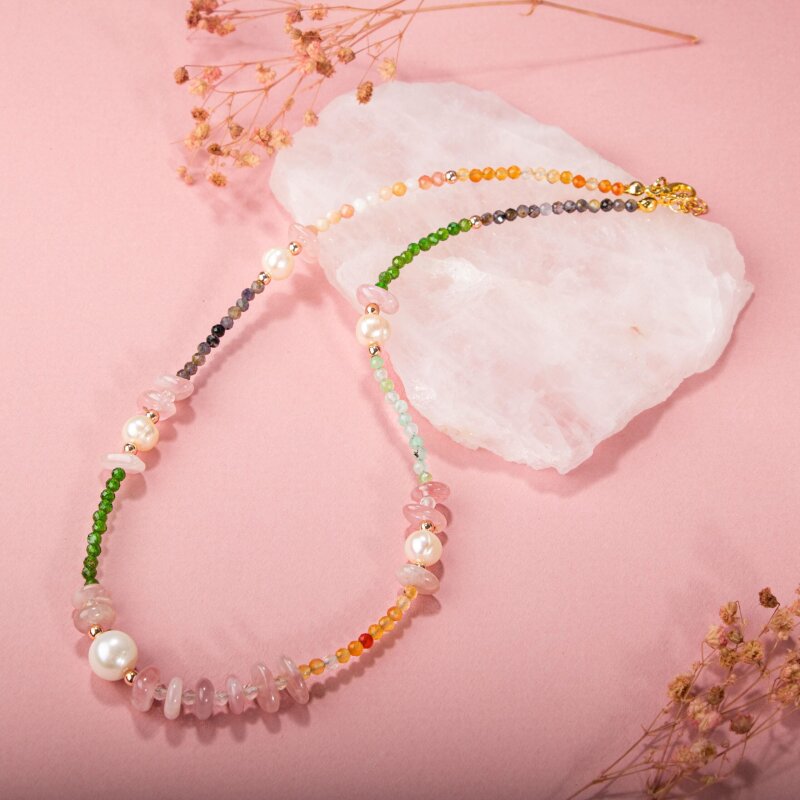 Karnelyan Akik-İyolit-Pembe Opal-İnci-Pembe Kuvars-Hematit-Diopsit-Prehnit Doğal Taş Kolye - 3