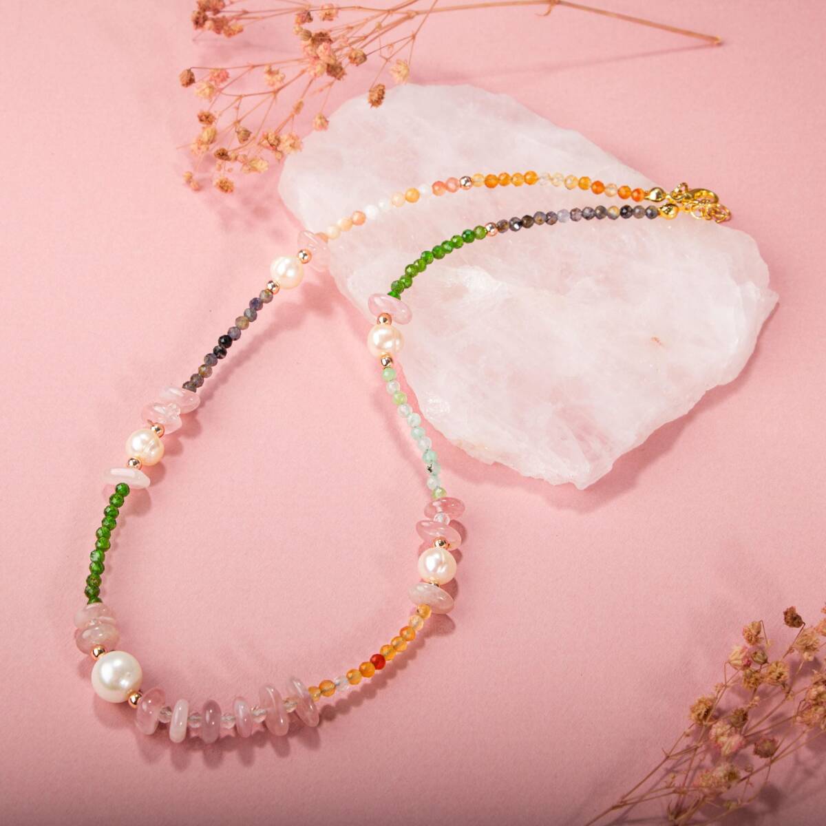 Karnelyan Akik-İyolit-Pembe Opal-İnci-Pembe Kuvars-Hematit-Diopsit-Prehnit Doğal Taş Kolye - 3