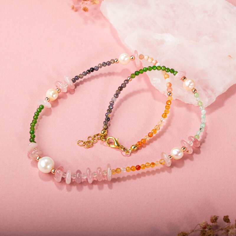 Karnelyan Akik-İyolit-Pembe Opal-İnci-Pembe Kuvars-Hematit-Diopsit-Prehnit Doğal Taş Kolye - 4