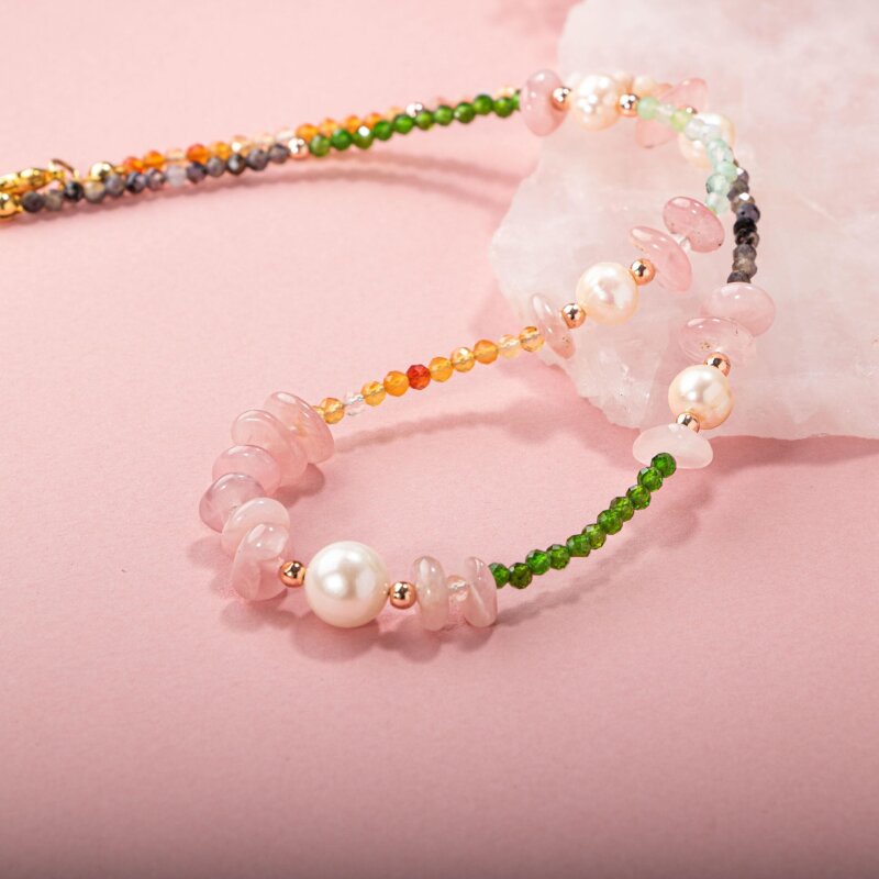 Karnelyan Akik-İyolit-Pembe Opal-İnci-Pembe Kuvars-Hematit-Diopsit-Prehnit Doğal Taş Kolye - 5