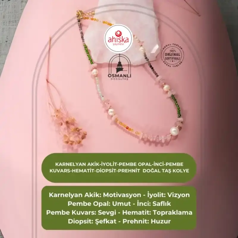 Karnelyan Akik-İyolit-Pembe Opal-İnci-Pembe Kuvars-Hematit-Diopsit-Prehnit Doğal Taş Kolye - 2