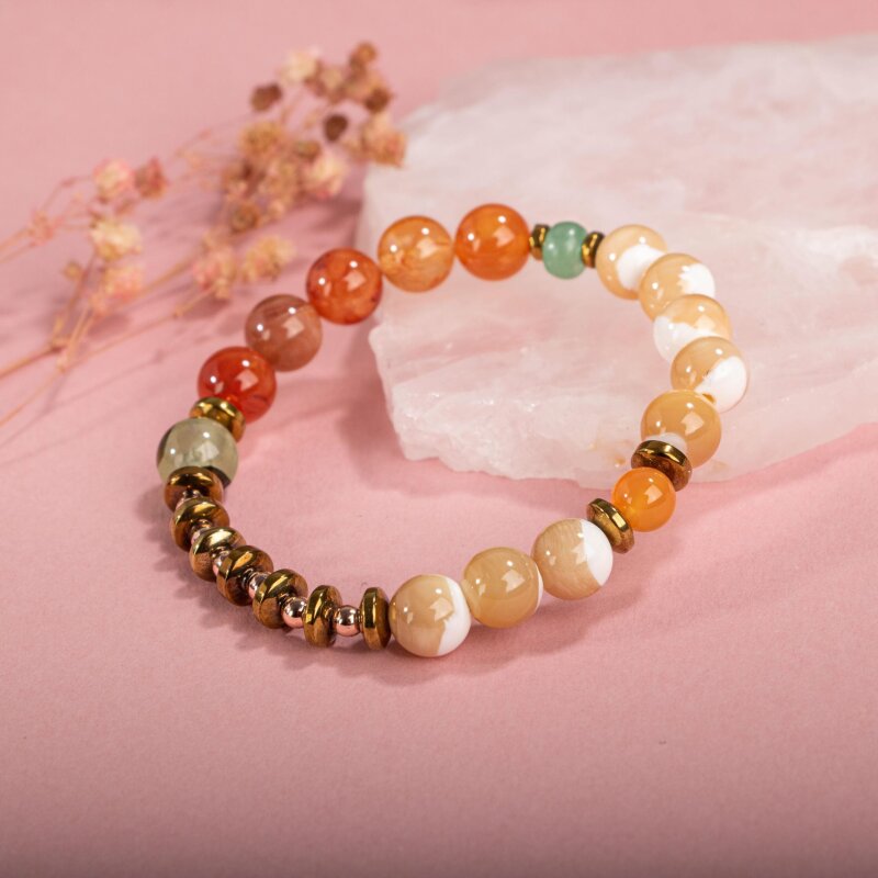Karnelyan Akik-Turuncu Aventurin-Pehnit-Sedef-Hematit Doğal Taş Bileklik - Doğal Taş