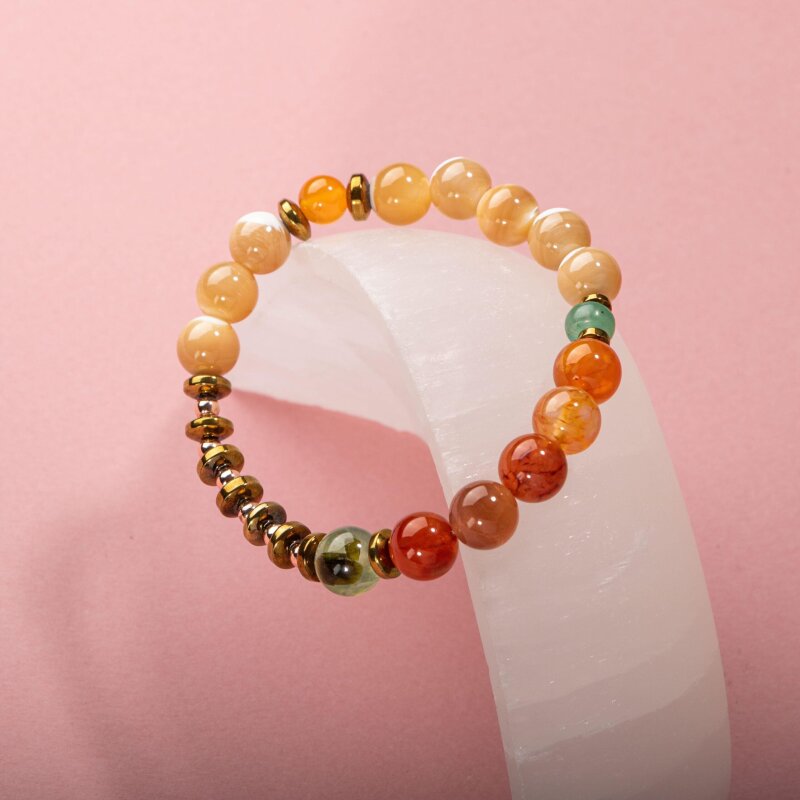 Karnelyan Akik-Turuncu Aventurin-Pehnit-Sedef-Hematit Doğal Taş Bileklik - 3