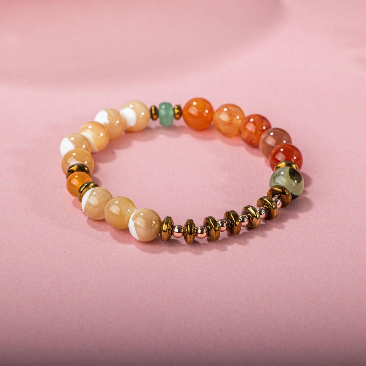 Karnelyan Akik-Turuncu Aventurin-Pehnit-Sedef-Hematit Doğal Taş Bileklik - 5