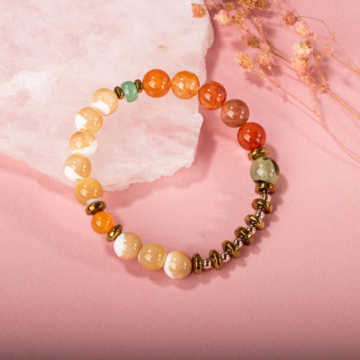 Karnelyan Akik-Turuncu Aventurin-Pehnit-Sedef-Hematit Doğal Taş Bileklik - 6