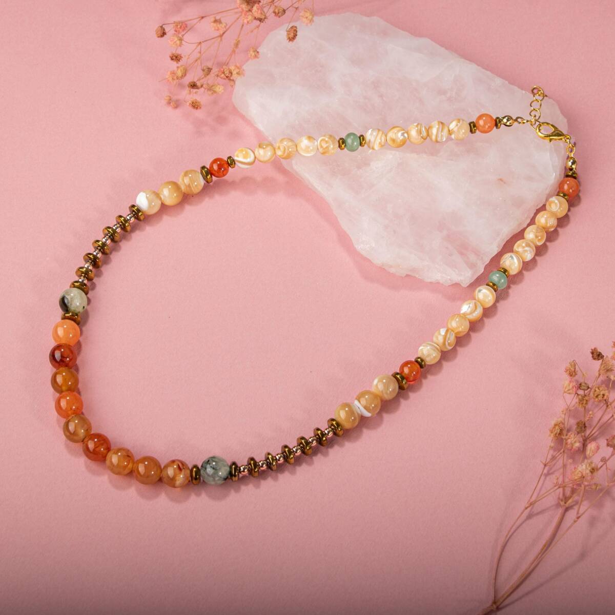 Karnelyan Akik-Turuncu Aventurin-Pehnit-Sedef-Hematit Doğal Taş Kolye - 3