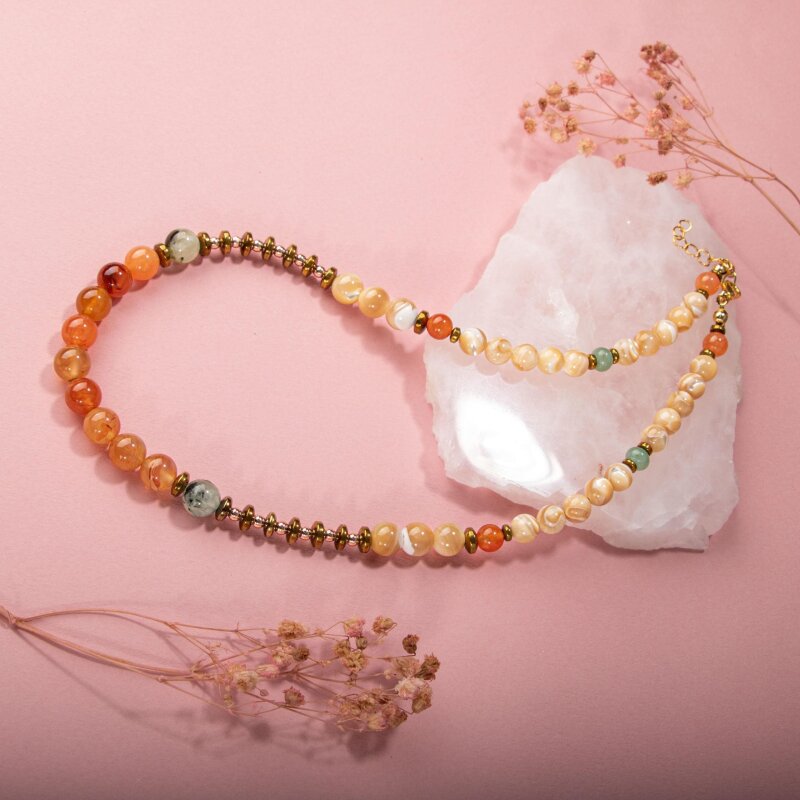 Karnelyan Akik-Turuncu Aventurin-Pehnit-Sedef-Hematit Doğal Taş Kolye - 4