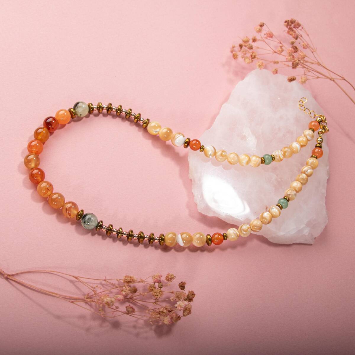 Karnelyan Akik-Turuncu Aventurin-Pehnit-Sedef-Hematit Doğal Taş Kolye - 4