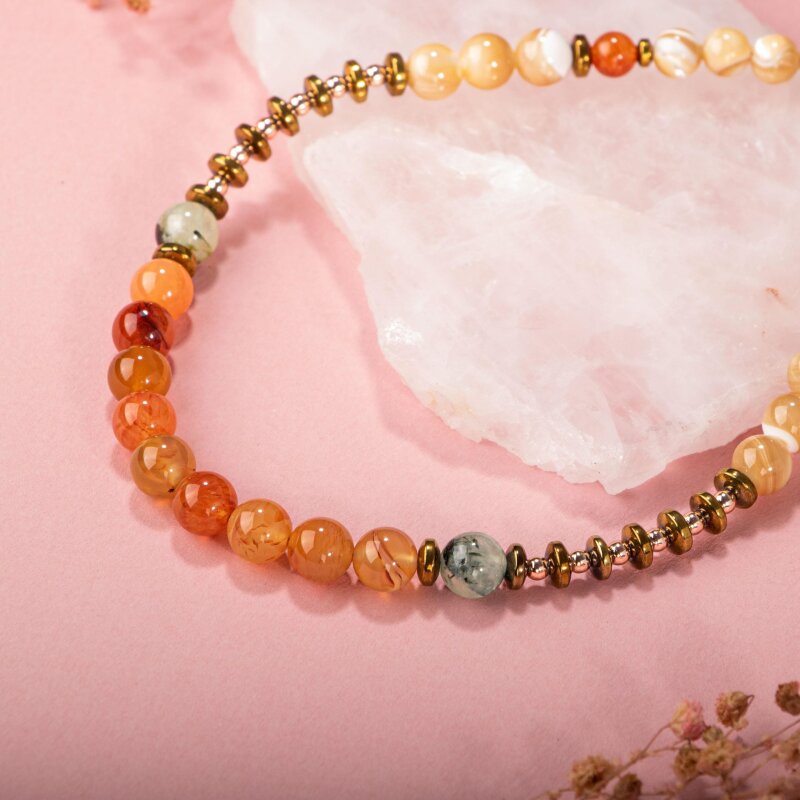 Karnelyan Akik-Turuncu Aventurin-Pehnit-Sedef-Hematit Doğal Taş Kolye - 5