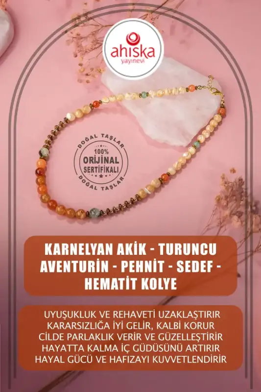 Karnelyan Akik-Turuncu Aventurin-Pehnit-Sedef-Hematit Doğal Taş Kolye - 1