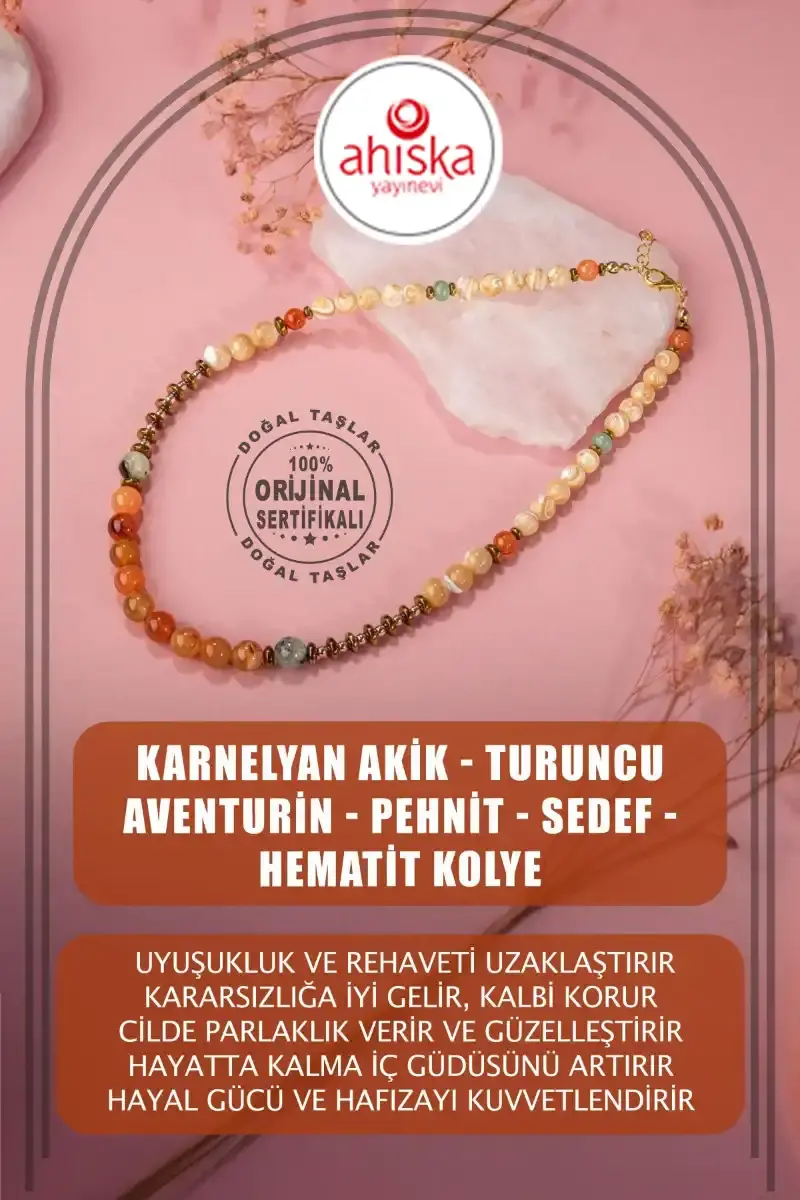 Karnelyan Akik-Turuncu Aventurin-Pehnit-Sedef-Hematit Doğal Taş Kolye - 1