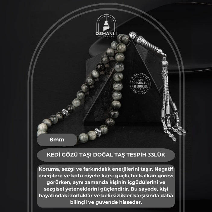 Kedi Gözü Doğal Taş Tesbih 33lük - 8mm - 2