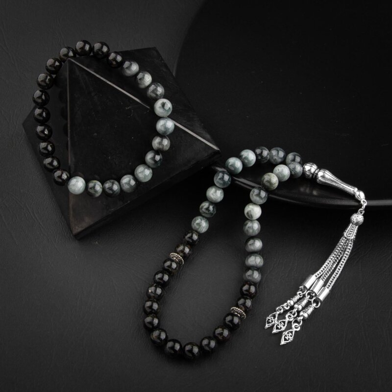 Kedi Gözü-Siyah Turmalin Doğal Taş Tesbih Bileklik Seti - Doğal Taş