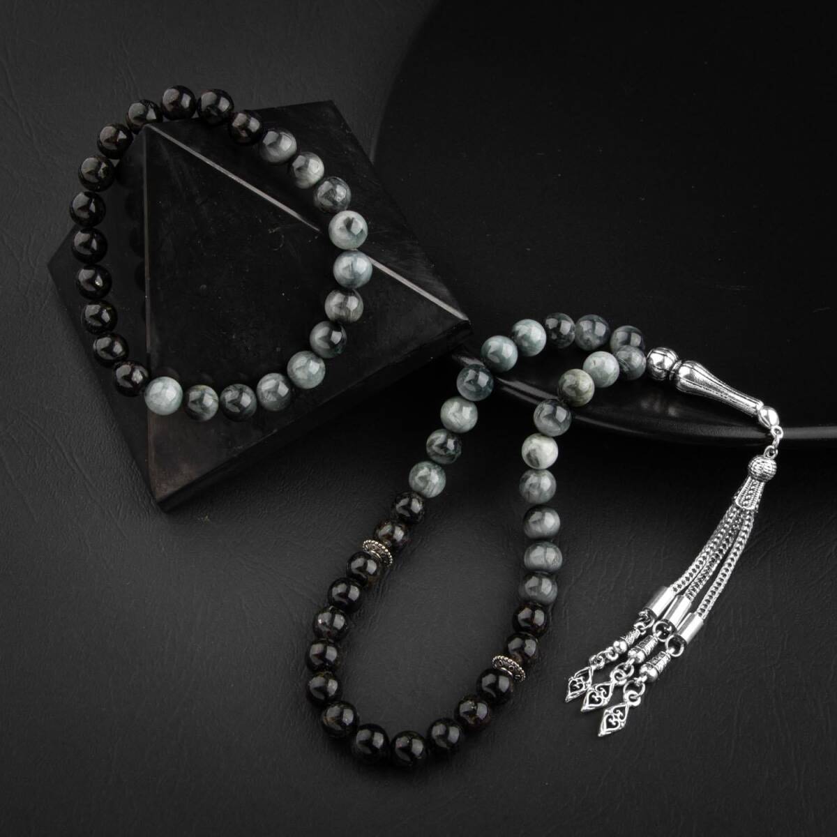 Kedi Gözü-Siyah Turmalin Doğal Taş Tesbih Bileklik Seti - 1