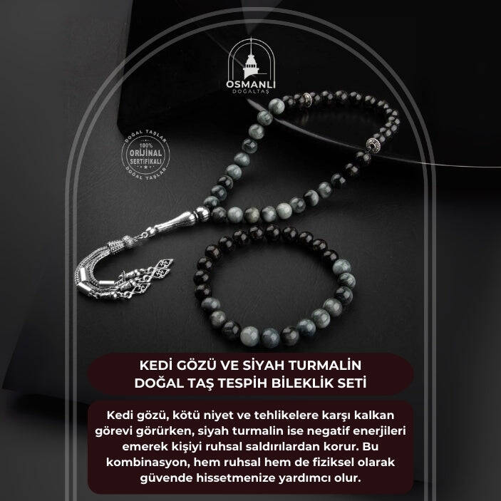 Kedi Gözü-Siyah Turmalin Doğal Taş Tesbih Bileklik Seti - 2