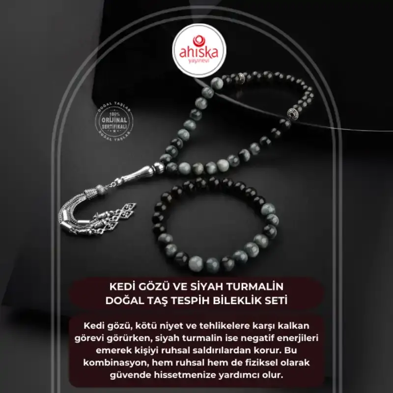 Kedi Gözü-Siyah Turmalin Doğal Taş Tesbih Bileklik Seti - 2