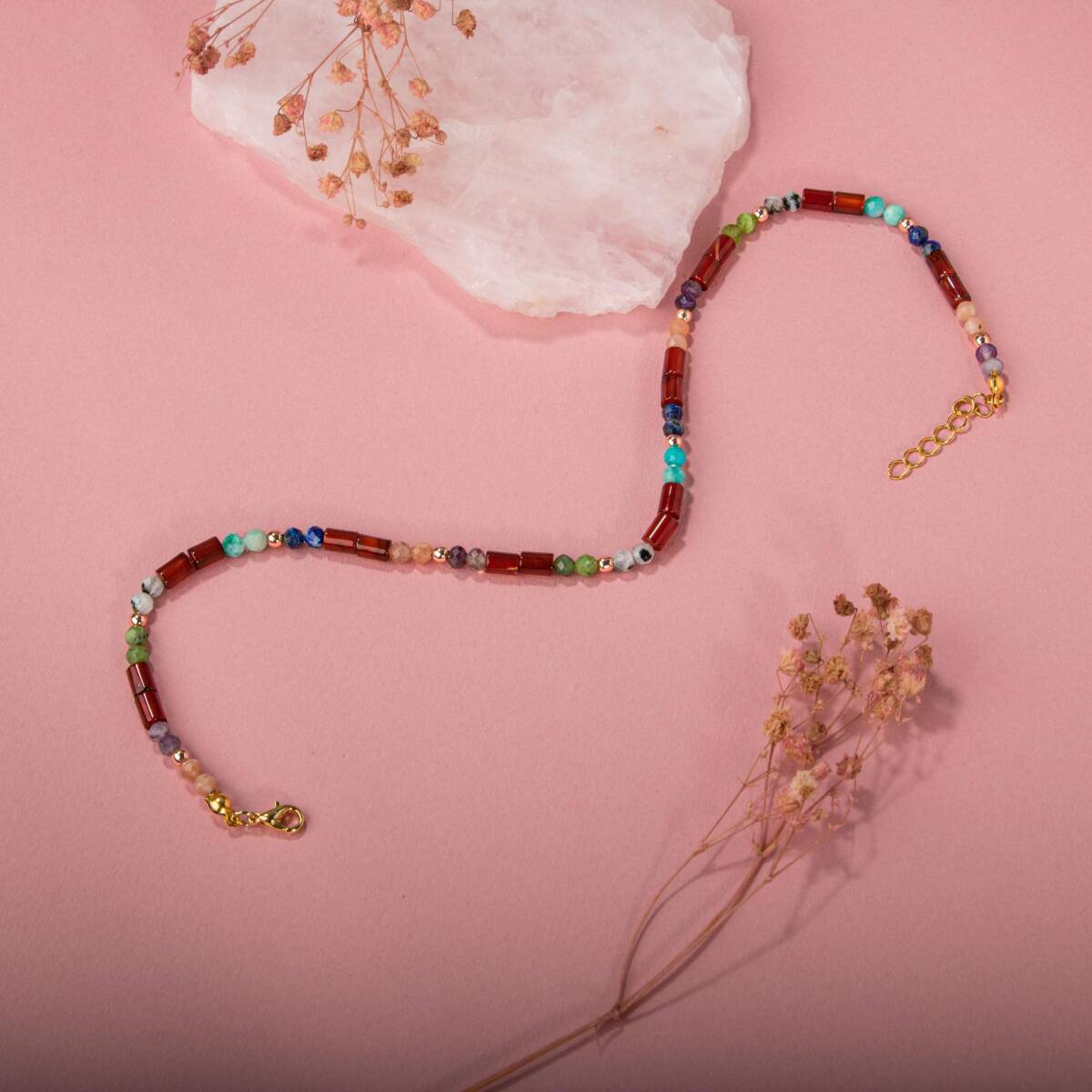 Kırmızı Akik-Ay Taşı-Ametist-Güneş Taşı-Yeşim-Amazonit Doğal Taş Bileklik - 3