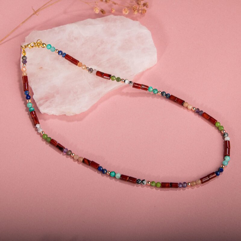 Kırmızı Akik-Ay Taşı-Ametist-Güneş Taşı-Yeşim-Amazonit Doğal Taş Kolye - Doğal Taş