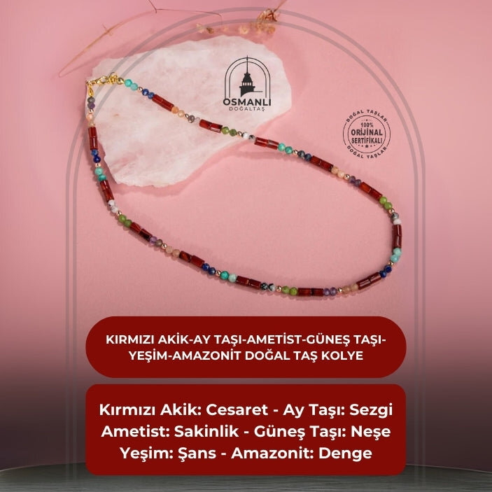 Kırmızı Akik-Ay Taşı-Ametist-Güneş Taşı-Yeşim-Amazonit Doğal Taş Kolye - 2