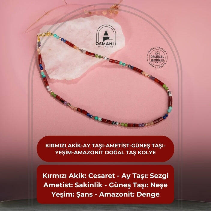 Kırmızı Akik-Ay Taşı-Ametist-Güneş Taşı-Yeşim-Amazonit Doğal Taş Kolye - 2