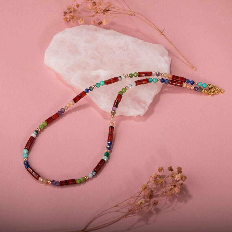 Kırmızı Akik-Ay Taşı-Ametist-Güneş Taşı-Yeşim-Amazonit Doğal Taş Kolye - 3