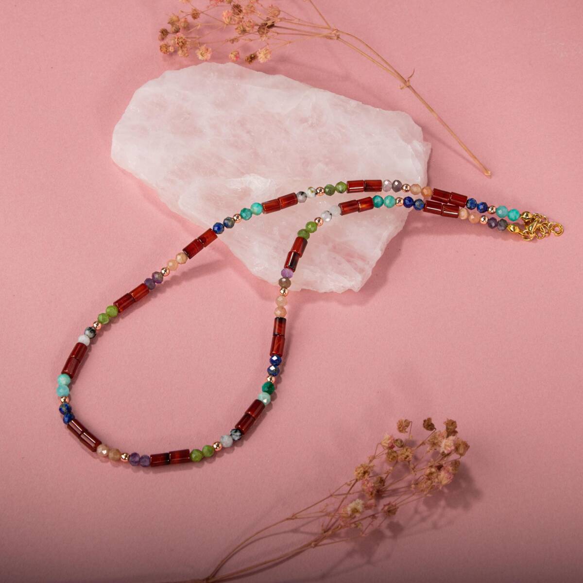 Kırmızı Akik-Ay Taşı-Ametist-Güneş Taşı-Yeşim-Amazonit Doğal Taş Kolye - 3