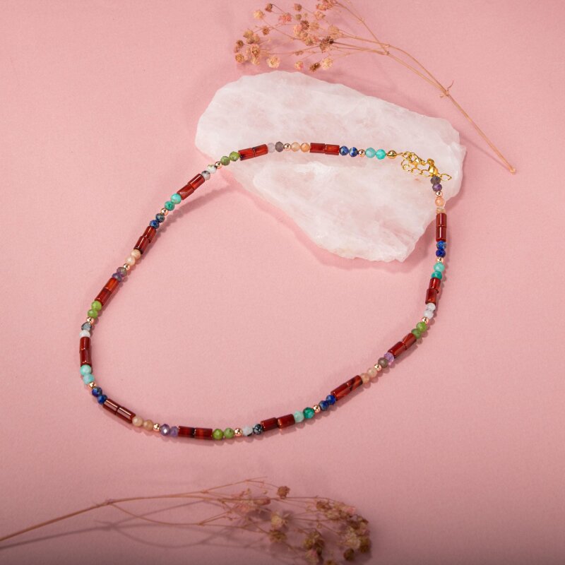 Kırmızı Akik-Ay Taşı-Ametist-Güneş Taşı-Yeşim-Amazonit Doğal Taş Kolye - 4