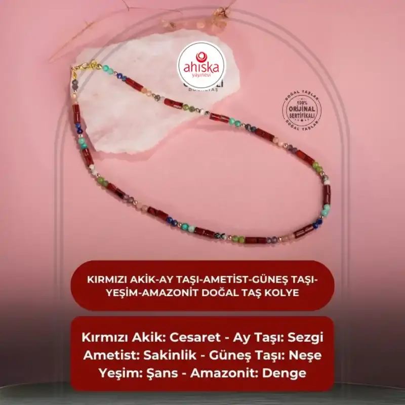 Kırmızı Akik-Ay Taşı-Ametist-Güneş Taşı-Yeşim-Amazonit Doğal Taş Kolye - 2