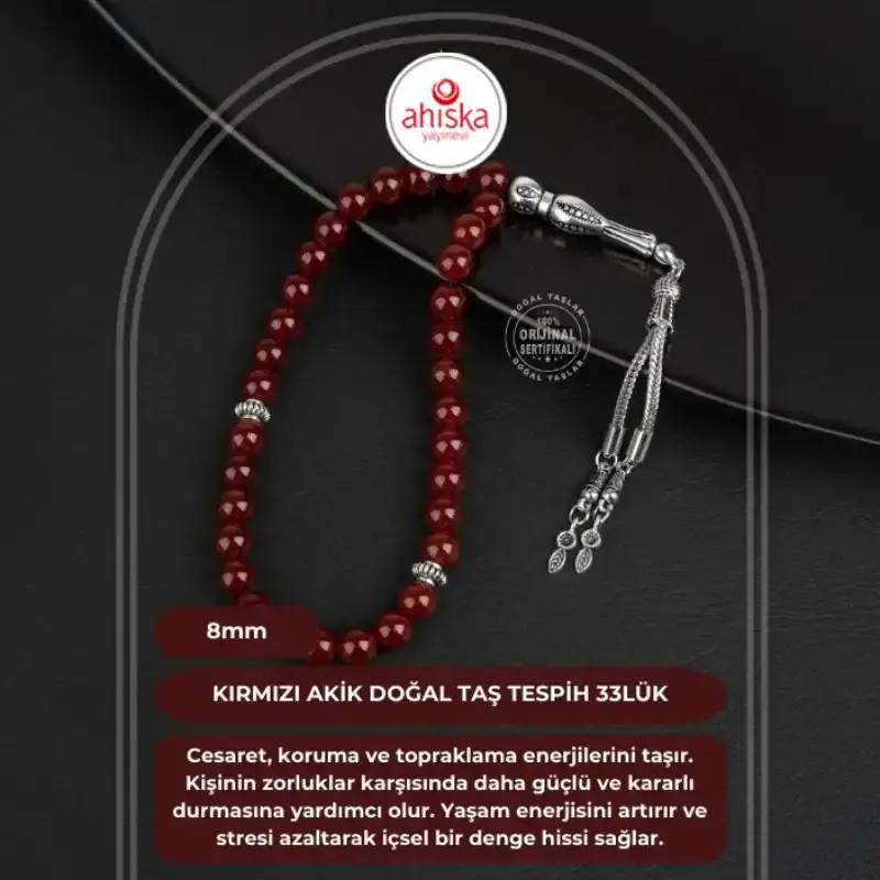 Kırmızı Akik Doğal Taş Tesbih 33lük - 8mm