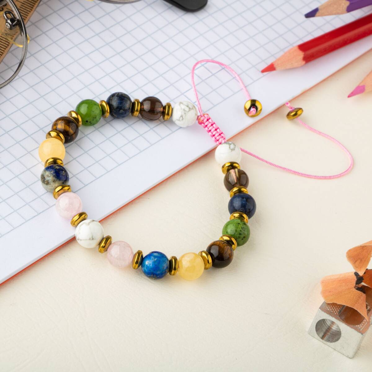 Kız Öğrenci Doğal Taş Bileklik-Havlit-Pembe Kuvars-Labradorit-Lapis Lazuli-Kalsit-Yeşim-Dumanlı Kuvars-Sodalit-Kaplan Gözü - 1